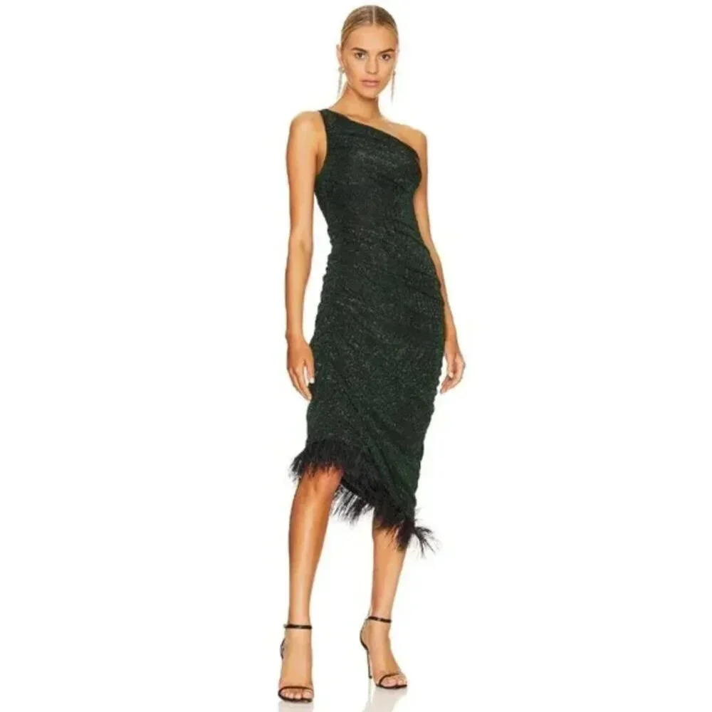 SAYLOR One-Shoulder Feather-Hem Midi Dress in Dark Green